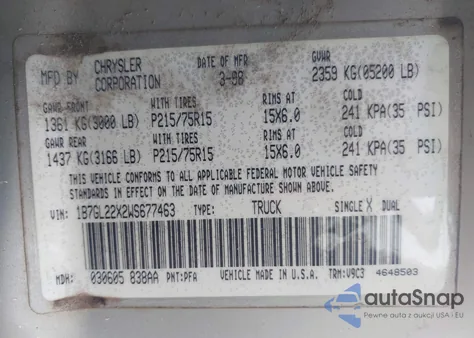 1998 Dodge Dakota Slt/Sport из США, поврежденный, VIN 1B7GL22X2WS677463